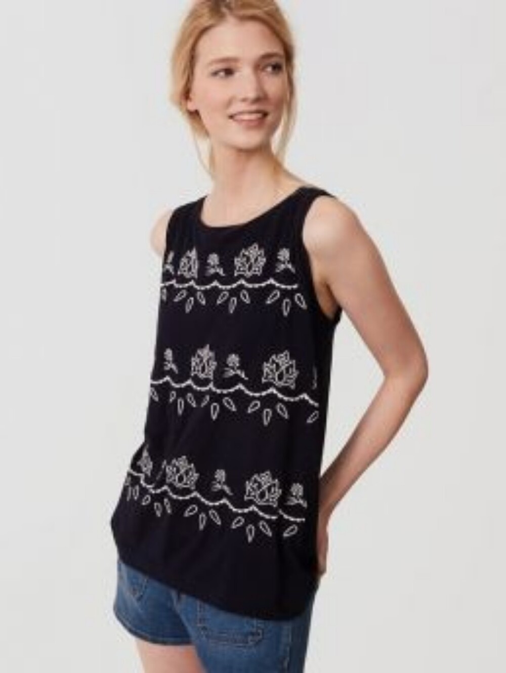 LOFT Vintage Soft Sleeveless Navy Embroidered Floral Tank Top - Women's